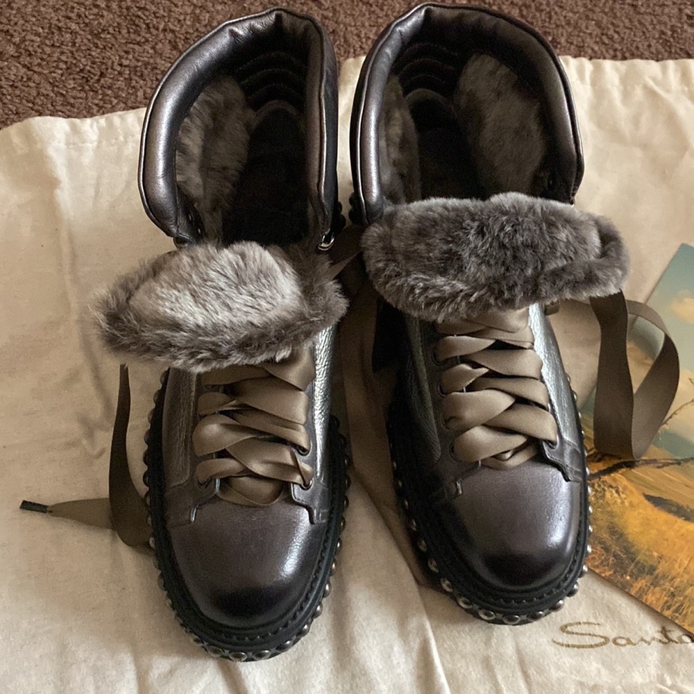 Santoni boots with studs and soft fur lining